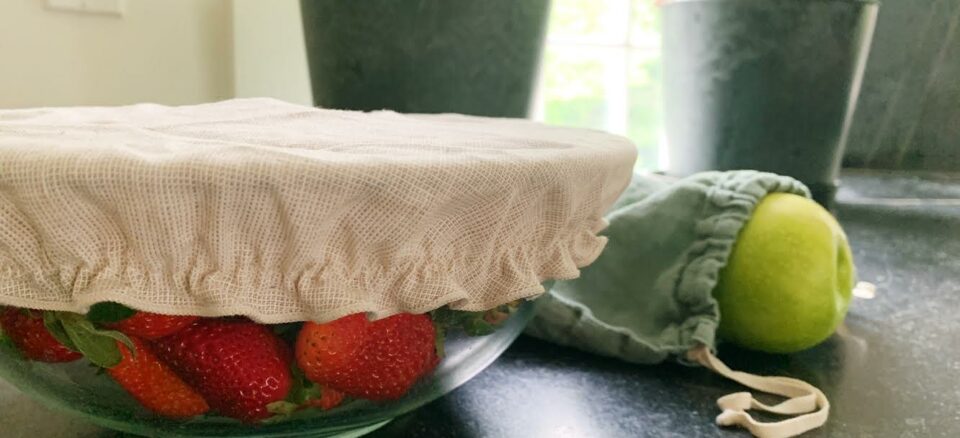 What a reuse future includes. Reusable cloth bowl cover covering up of strawberries. Another reusable bag is in the background with an apple inside.