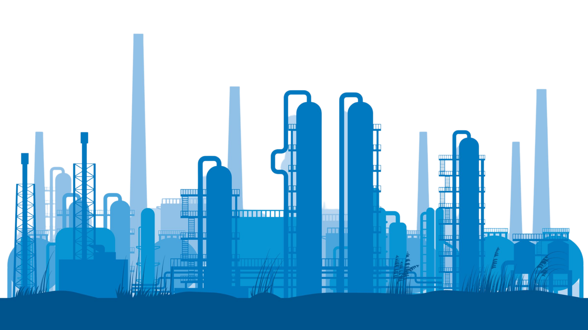 Vector illustration of a refinery silhouette against a blue background.