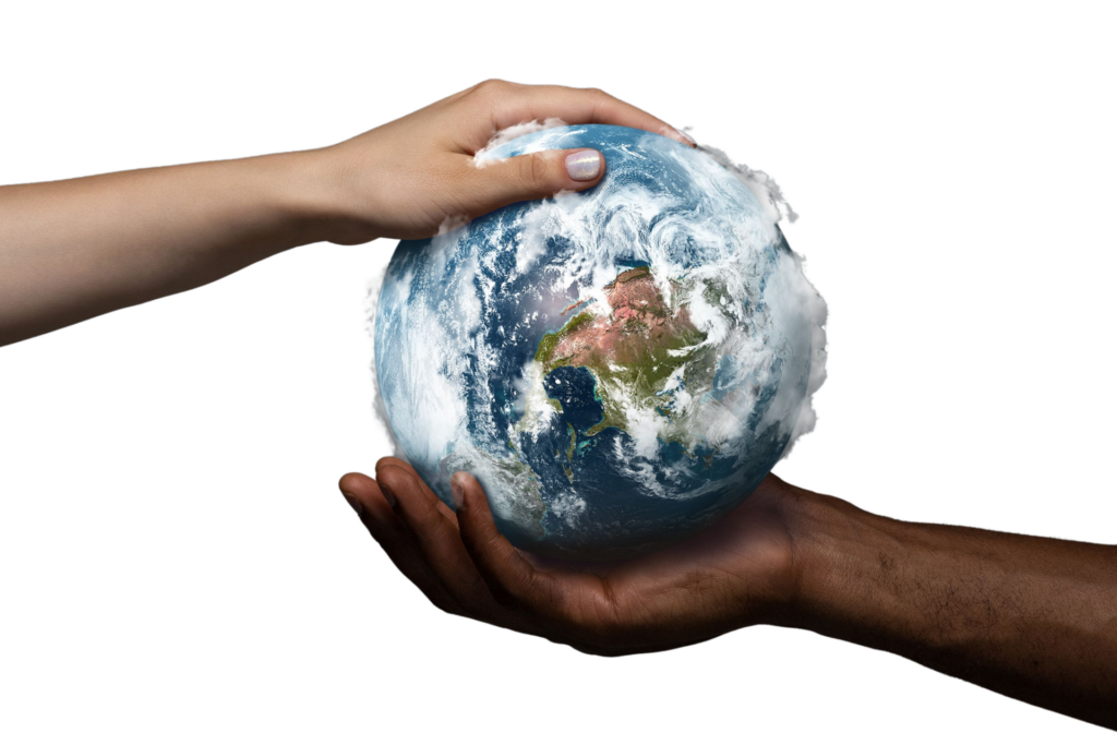 Two hands holding planet Earth, close up. Environment save, taking care of nature and ecology, supporting hands concept. Globe woldwide protection, traveling and protecting of human's home.