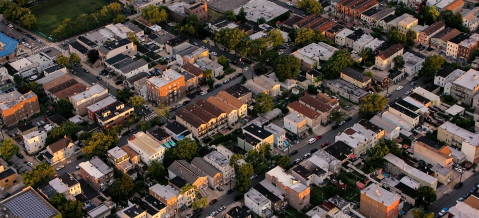 Aerial view of a populated neighborhood