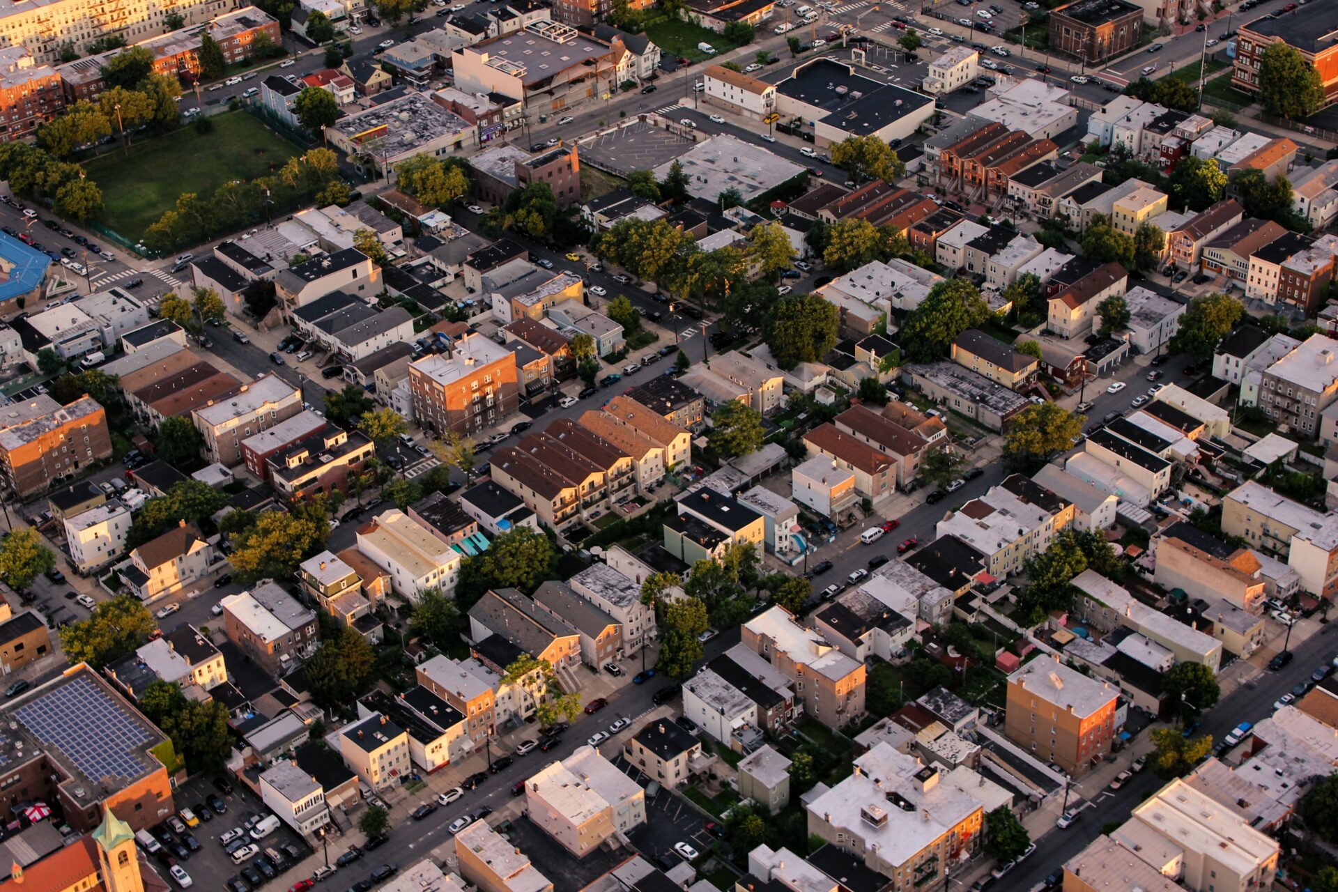 Aerial view of a populated neighborhood