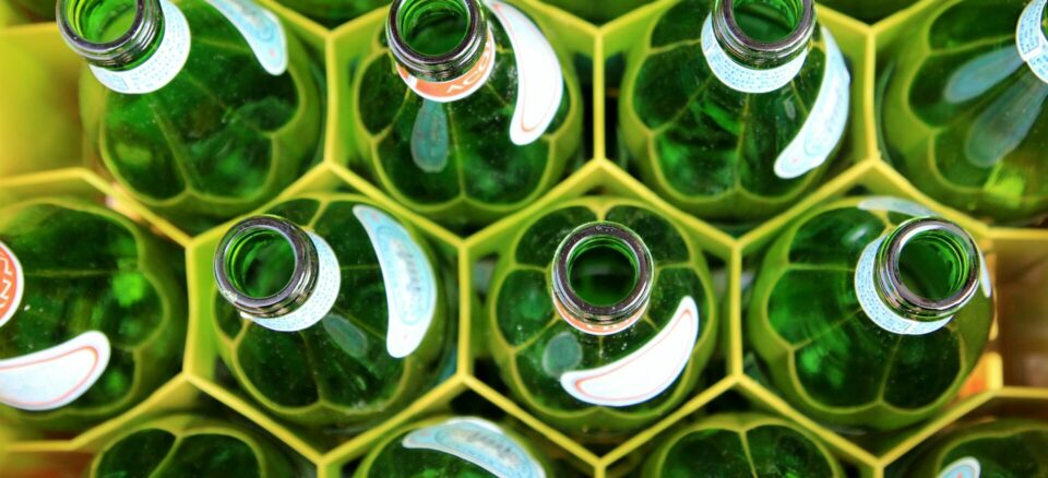 Aerial view of four lines of green glass bottles standing in organized holders.