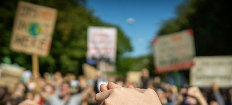 Two people at a rally, joining hands together signaling peace, unity and decisiveness in front of a crowd carrying protest placards with shallow depth of field