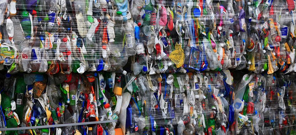 Bales of used plastic containers.