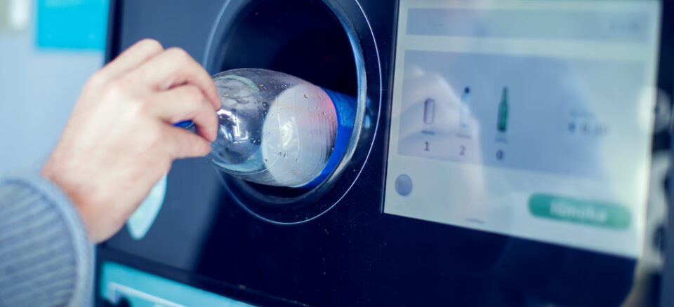 Person returning empty bottle at reverse vending machine as part of the Bottle Bill program