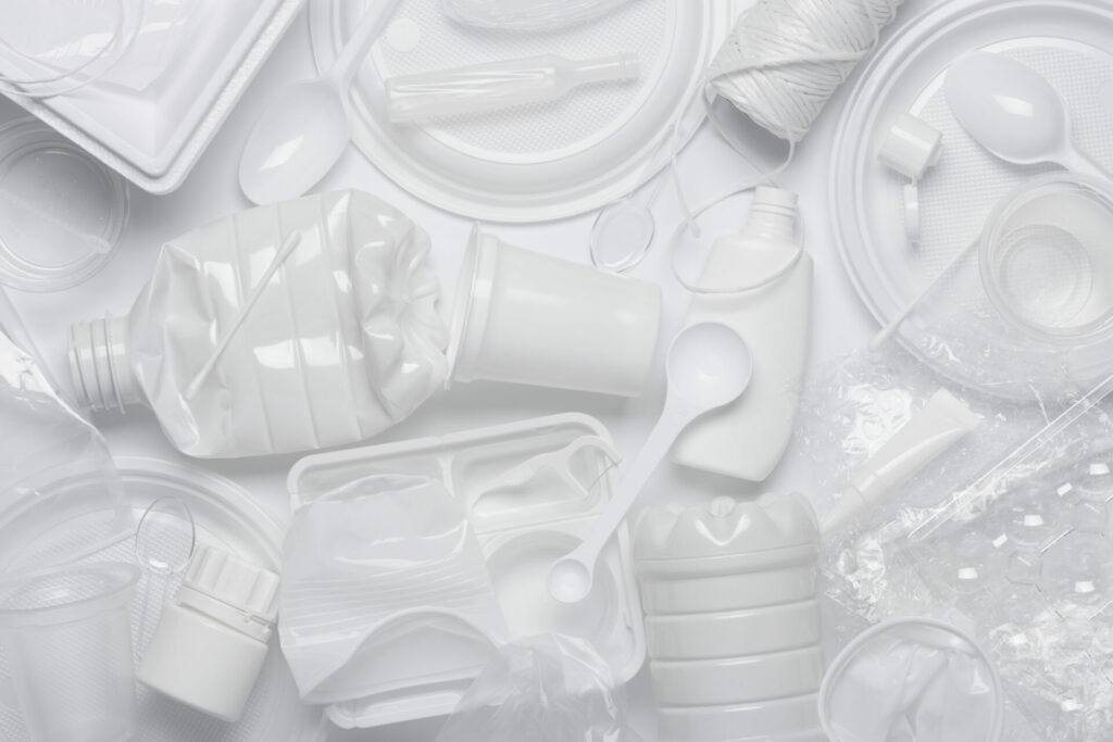 pile of single-use plastic all in white