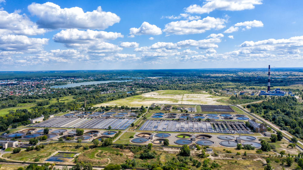 Aerial shot of a wastewater treatment plant. 