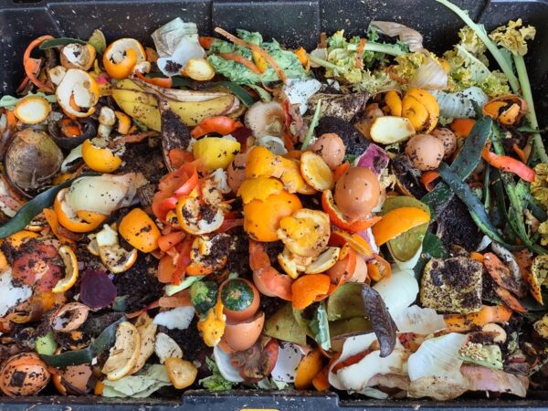 Compost bin with layers of organic matter and soil.