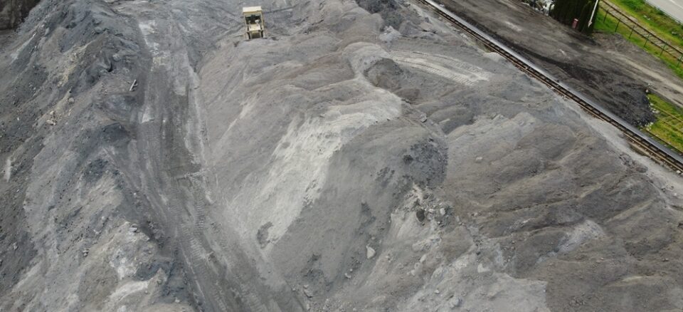 Aerial shot of a large ash landfill
