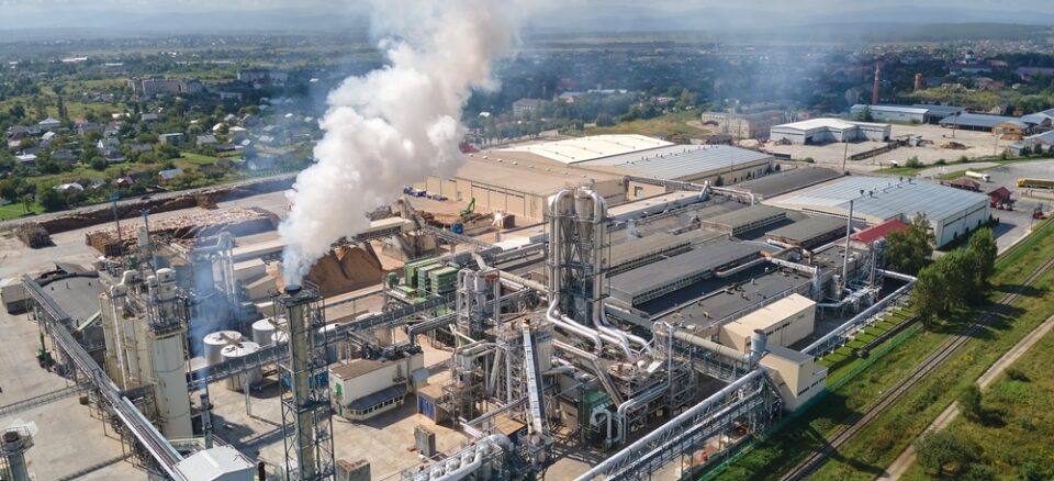 Aerial view of oil and gas refining petrochemical factory.