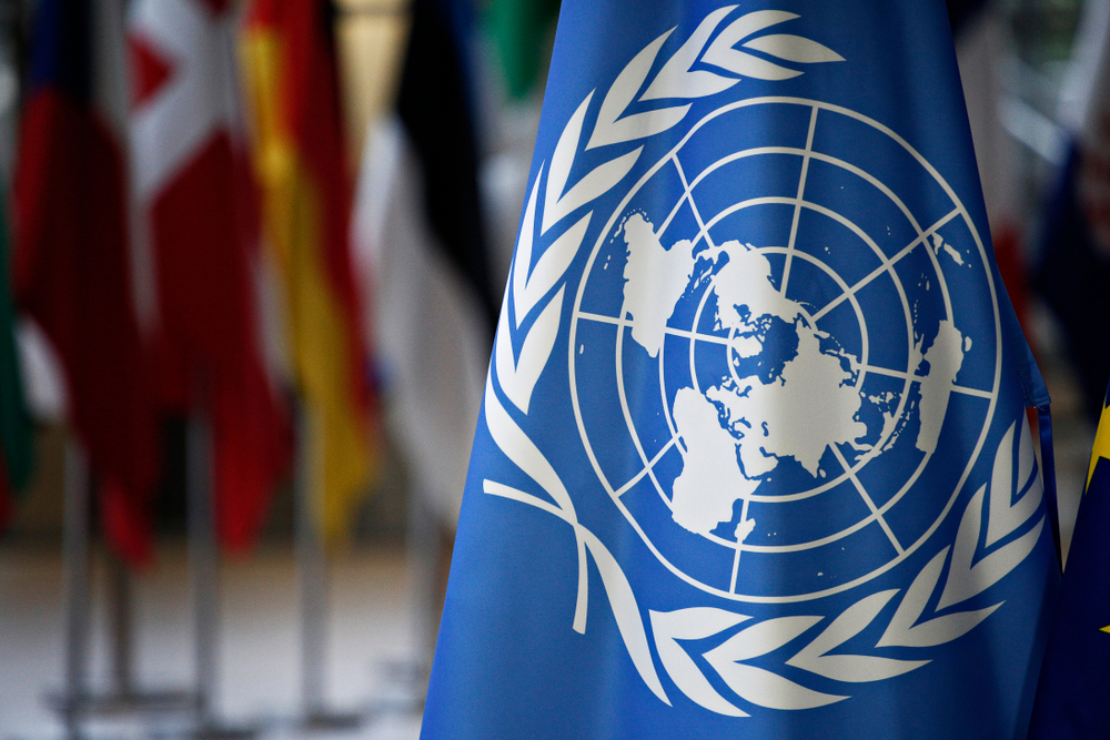 Close up of UN flag with country flags in background.