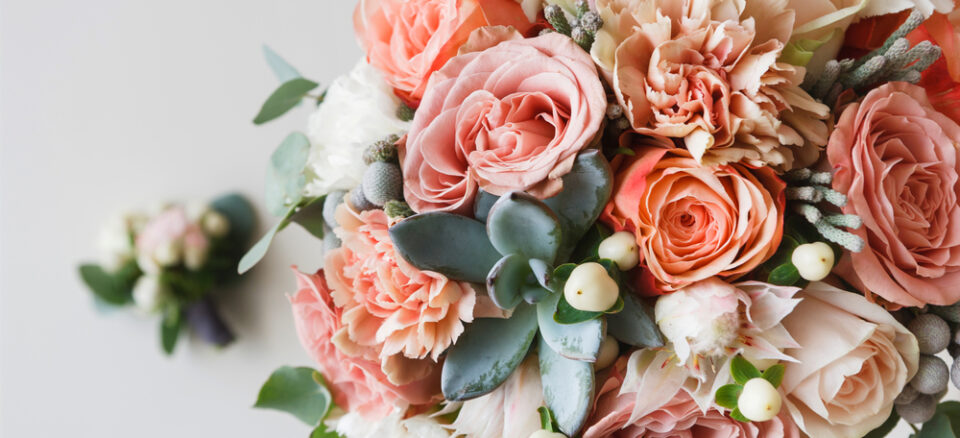 Close-up of bouquet of wedding flowers.