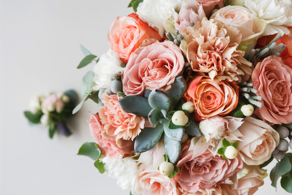 Close-up of bouquet of wedding flowers.