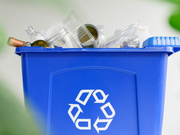 Recycling bin filled with glass and plastics to recycle