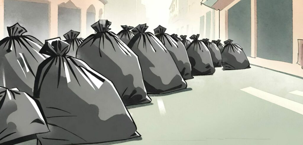 art concept of trash bags lining a city street
