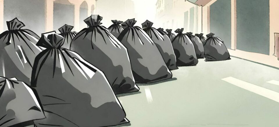 art concept of trash bags lining a city street