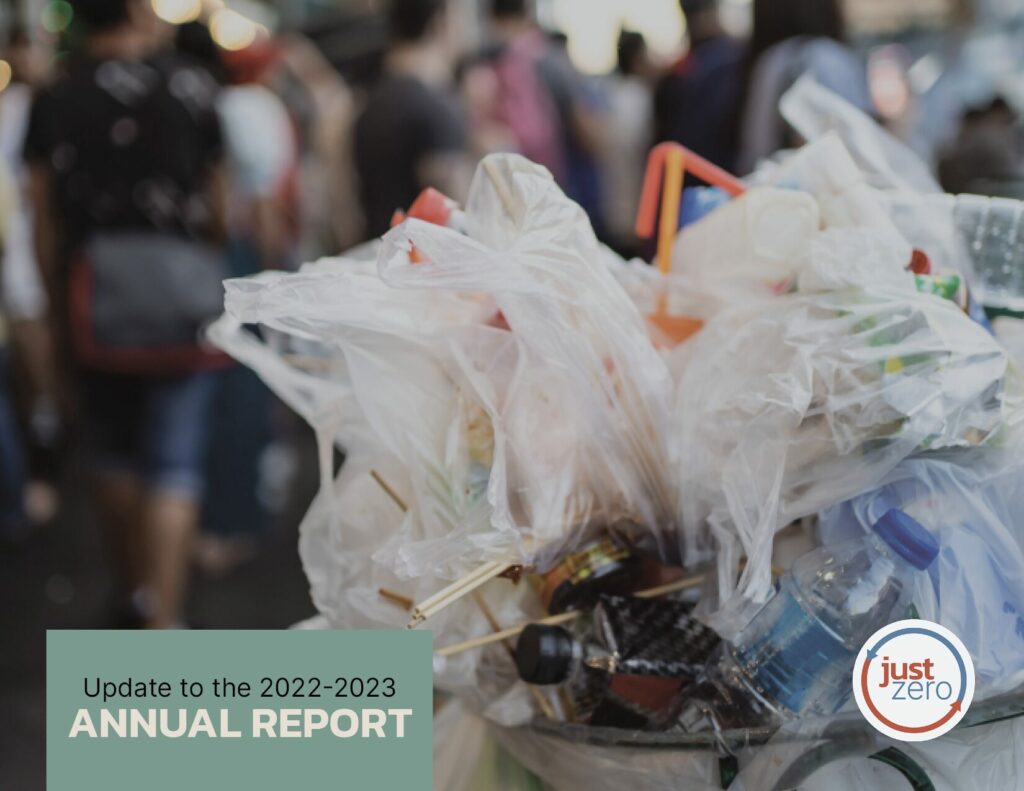 Cover photo of update to 22-23 annual report – close up of trash can overflowing with single-use plastic and blurred background of a crowd of people.
