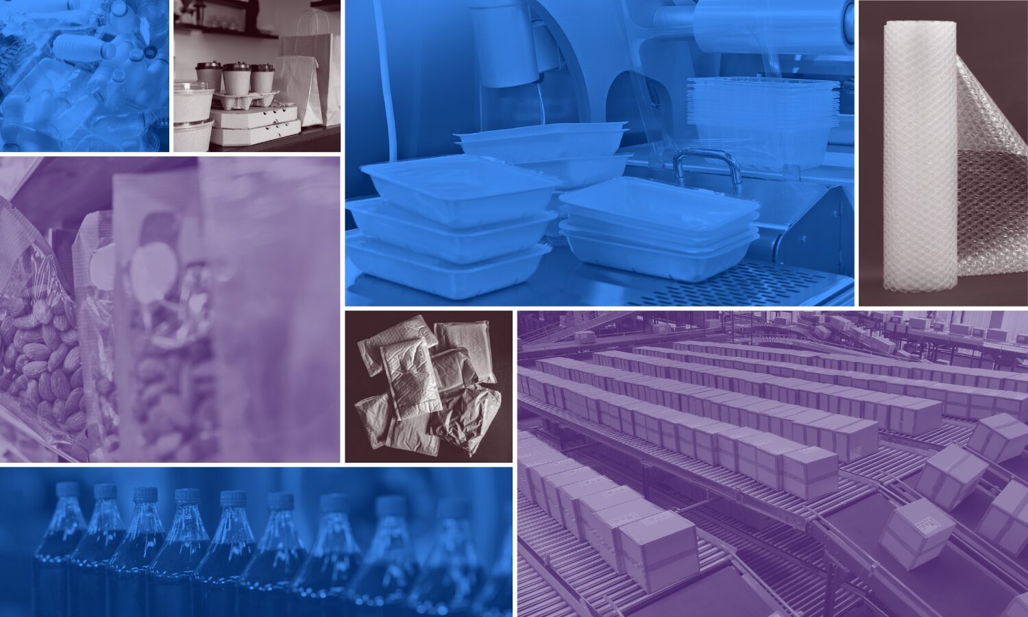 collage of packaging in shades of blue, purple, and sepia