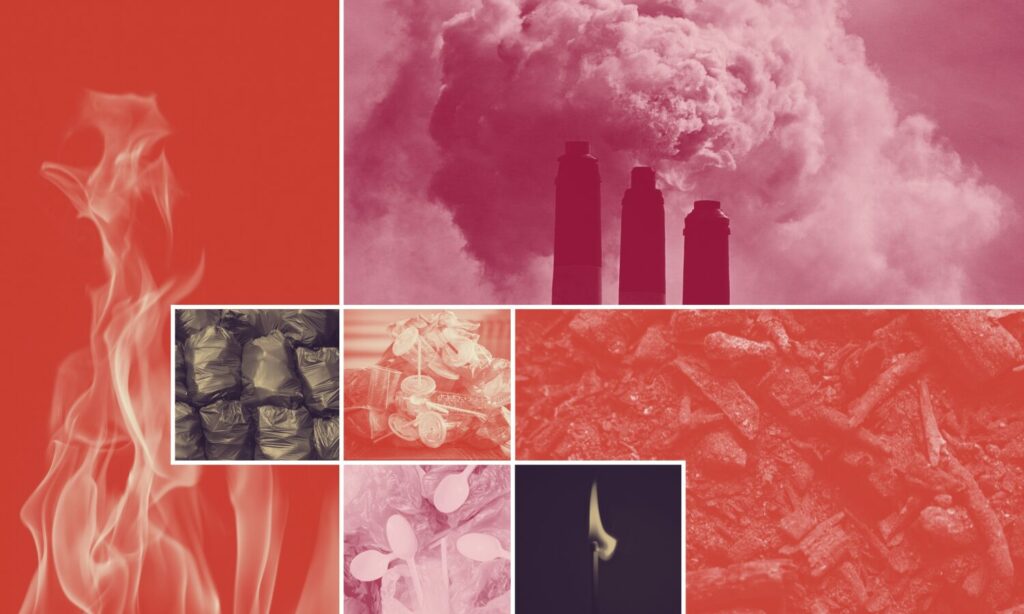 Photo collage of trash and high-heat waste facilities in shades of pink, orange, and sepia.