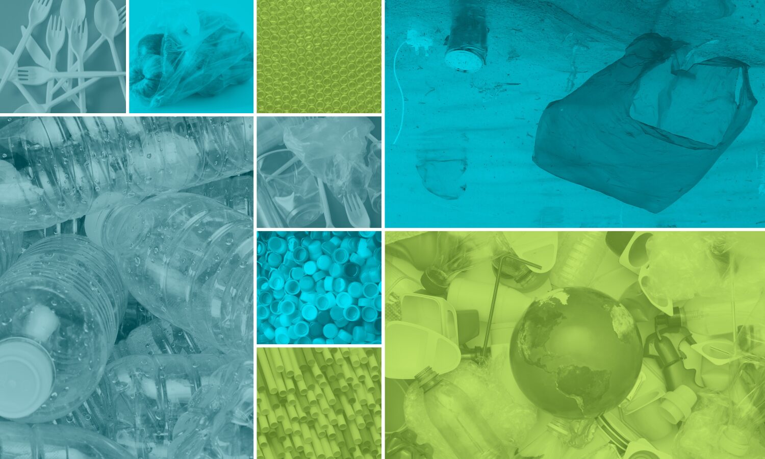 Photo collage of single-use plastics in shades of blue and green.