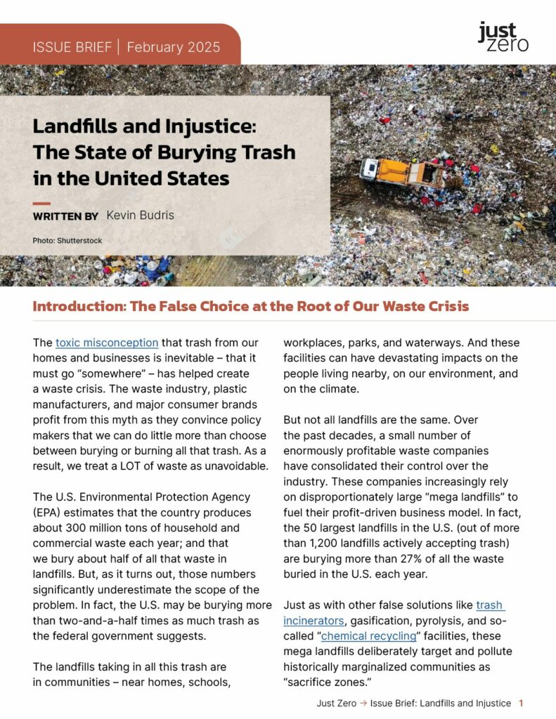 Cover page of Just Zero's Issue Brief on Landfills and Injustice. Top of cover page is a photo of aerial view of a landfill with brief title overtop the image. Bottom half of cover page is the brief's introduction. 