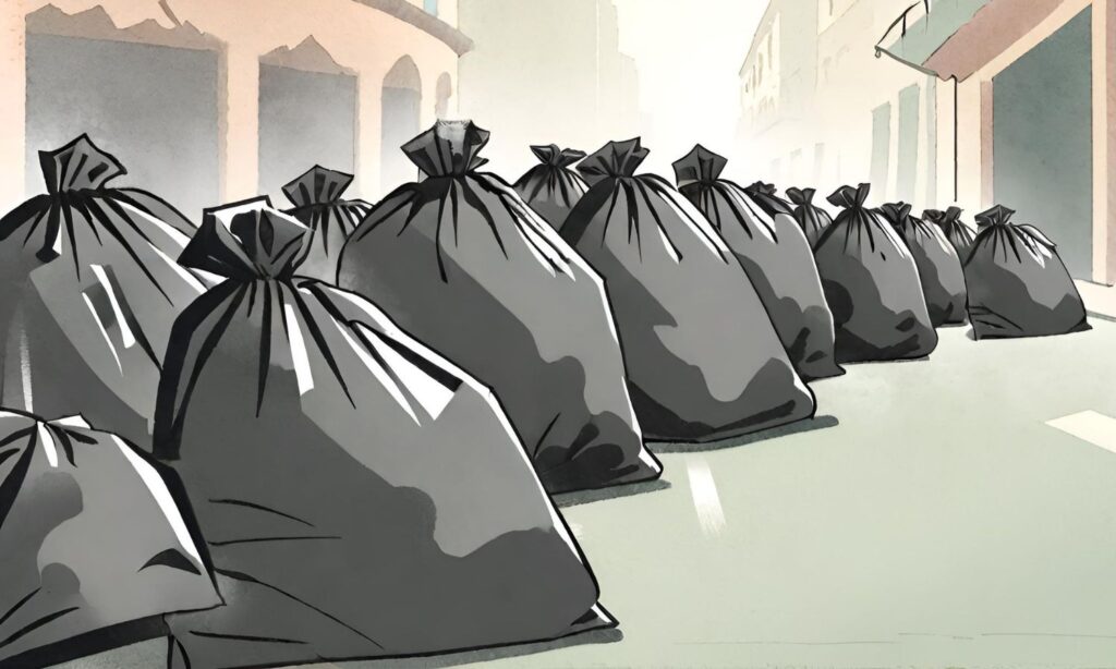 Graphic of trash bags lined on a street
