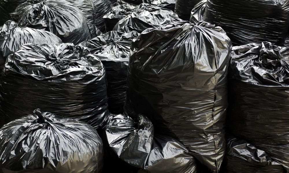close up of black garbage bags