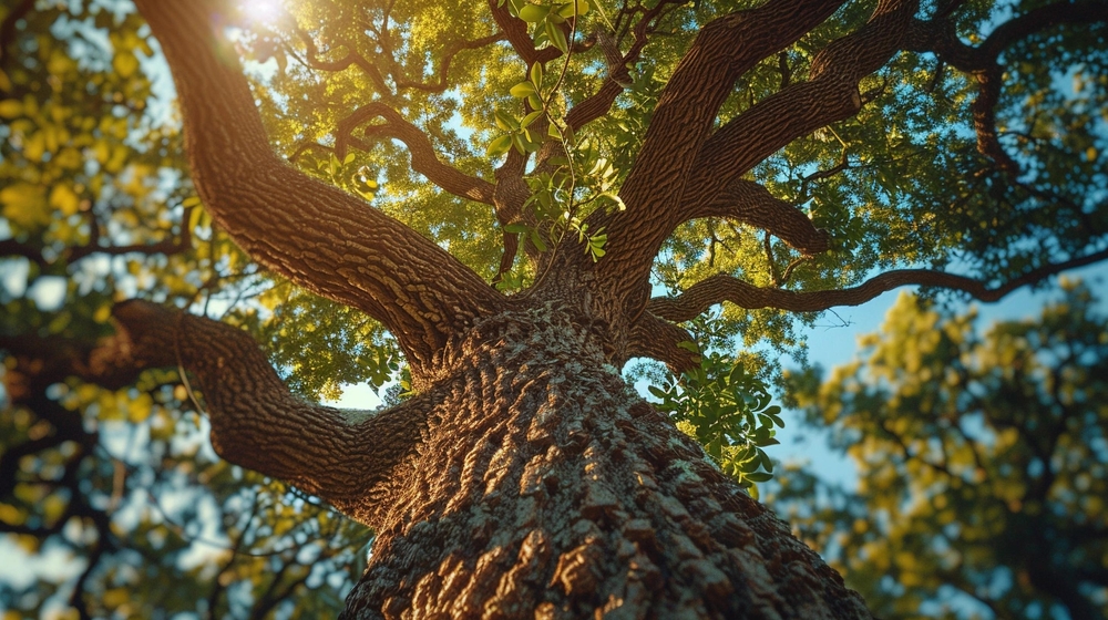 Majestic old oak tree with textured bark and sprawling branches, bathed in sunlight filtering through lush green leaves