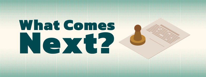 WhatNext_ModelLeg_green Graphic featuring a piece of paper with a stamp overtop in shades of green and yellow.