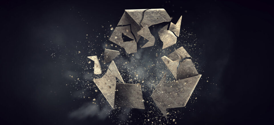 Illustration of a recycling symbol breaking apart, representing the gap between chemical recycling claims and reality.