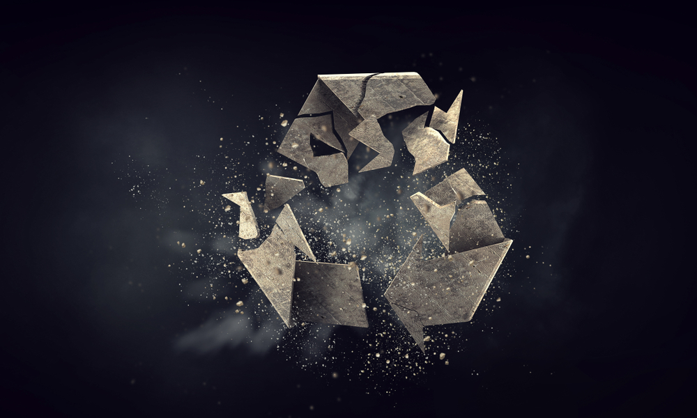 Illustration of a recycling symbol breaking apart, representing the gap between chemical recycling claims and reality.